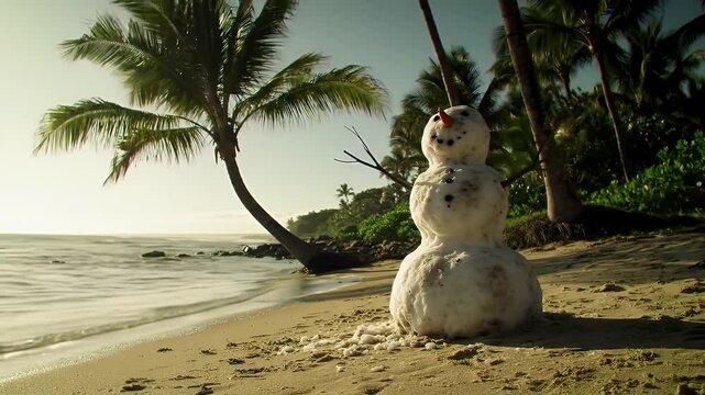 Snowman standing on golden sand near the shoreline