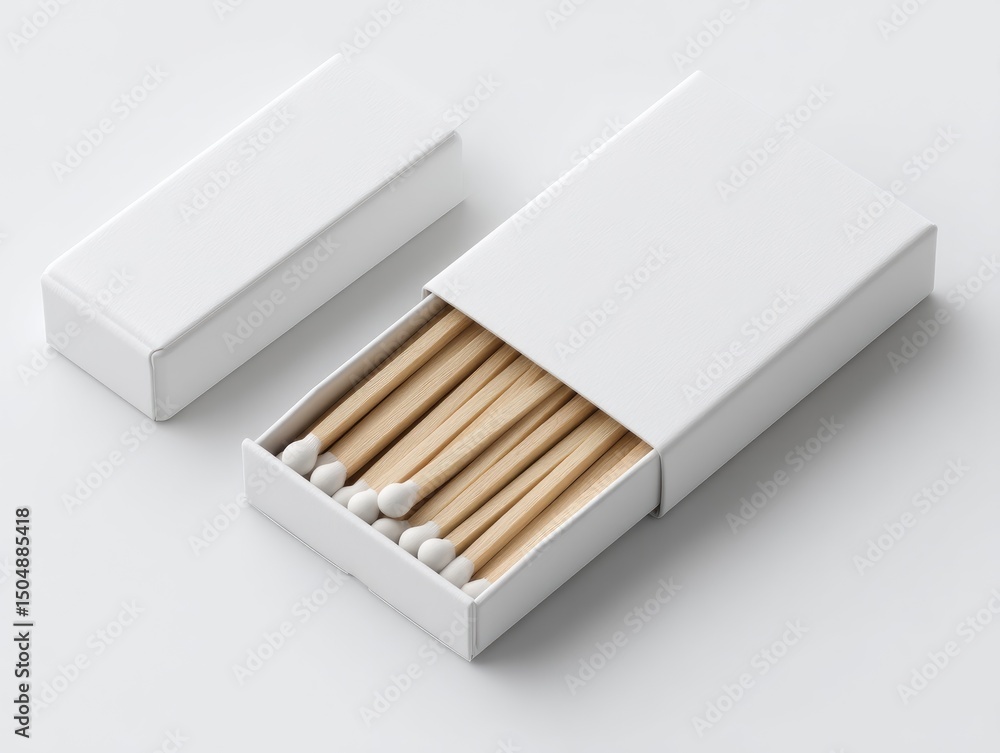 Poster a partially opened white matchbox rests on a white surface, displaying a collection of light-brown m