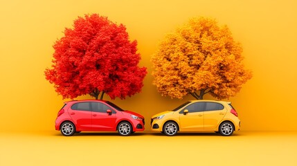 Two small cars, red and yellow, with autumn trees atop, on a bright yellow background