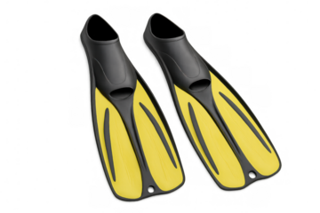 Pair of yellow and black diving fins lying on a transparent background, ready for underwater exploration