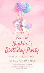 Watercolor Illustration Unicorn Animal Girl Birthday party card template design