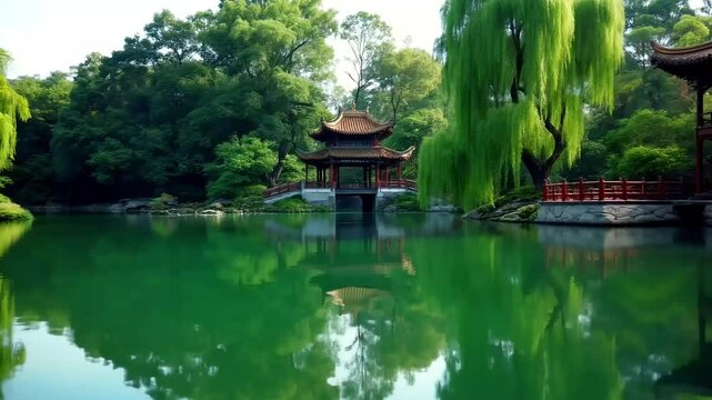 Serene chinese garden peaceful pond pavilion