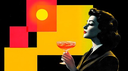 Woman sips cocktail, vibrant colors, geometric shapes
