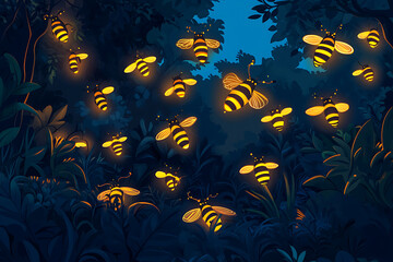 A vibrant night scene depicting glowing bees fluttering among lush foliage in a dark forest