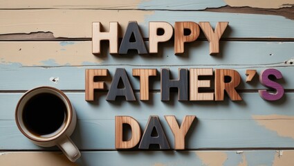happy father day greeing card in wood type