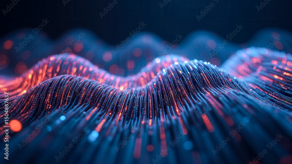 Poster abstract digital waves with glowing particles in blue and orange color scheme for background use