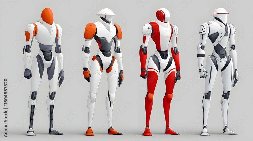 Poster stylized humanoid robots with armor plating and futuristic character design.