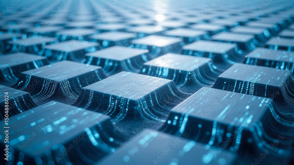 Poster abstract digital landscape with textured blocks and glowing data streams in 3d perspective