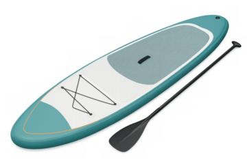 Turquoise paddleboard resting against white paddle, showcasing minimalist design for summer water sports equipment