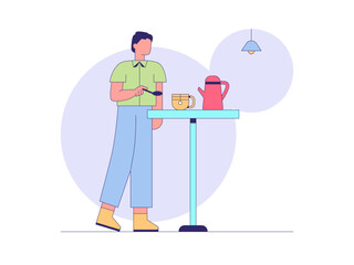 Man is making a cup of tea. Tea illustration. Flat outline vector illustration concept.