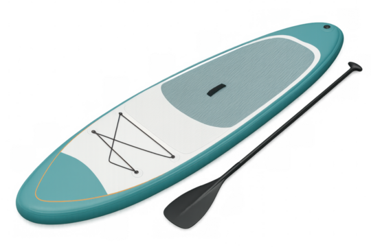 Turquoise paddleboard resting against white paddle, showcasing minimalist design for summer water sports equipment