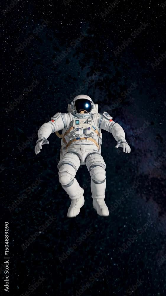 Poster aerial view of an astronaut floating in space against a starry backdrop, creating a serene, isolated