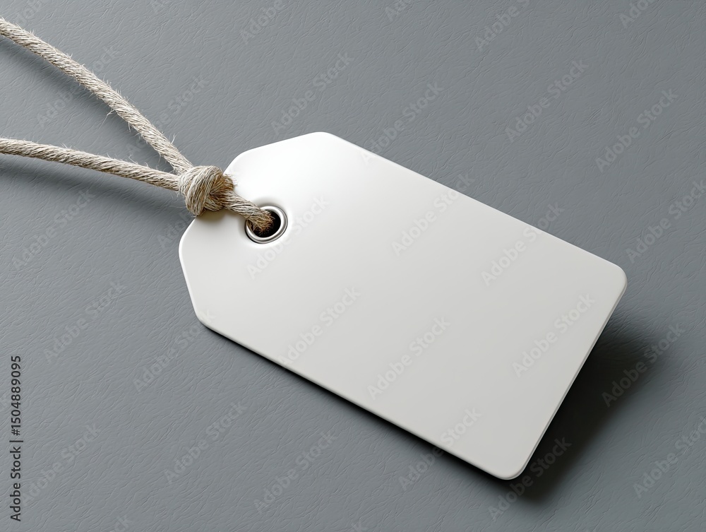 Poster a blank white rectangular tag with a hole and natural twine hangs on a neutral gray background