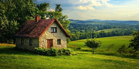 Obraz premium A cozy countryside stone cottage nestled among rolling green fields