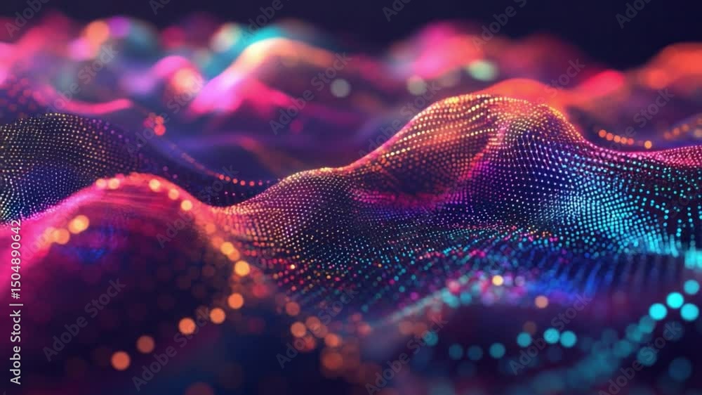 Poster digital wave of colors: an eye-level perspective of a dynamic, vibrant digital wave, sculpted from a
