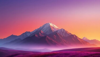 Vibrant mountain landscape glows with purple fields and snow-capped peaks at colorful sunset.
