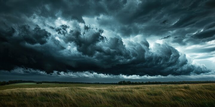 A dark and moody sky with massive storm clouds rolling over an open field