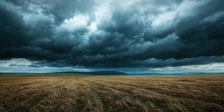 A dark and moody sky with massive storm clouds rolling over an open field