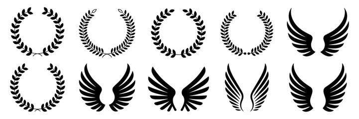 Vector illustration of abstract black and white eagle wings, laurel wreath, and feather branch decoration set