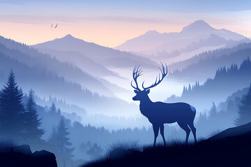 Majestic silhouette of a stag standing on a hilltop at dawn, surrounded by misty mountains