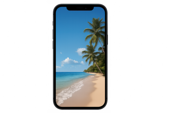 Modern smartphone displaying idyllic beach wallpaper with palm trees, white sand, and turquoise water, isolated on transparent background