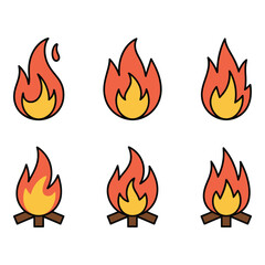A set of warming bonfires ready for camping animated with cozy orange flames and simple vector