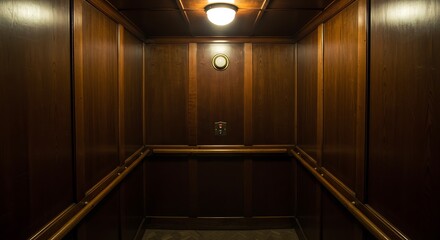 Interior inside a closed clean old Soviet elevator car lined with wood. © BRNSN