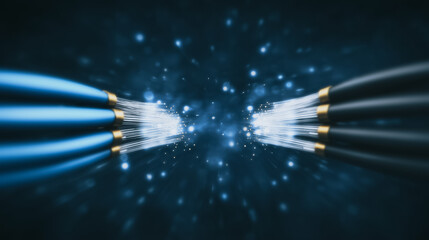 Digital Conduit: a visual depiction of data streaming, with optic fiber cables converge at the heart of a luminous data nexus. It represents connectivity and innovation in technology.