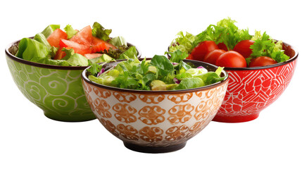  Set of Three Yummy Salad Bowls Isolated on Transparent Background