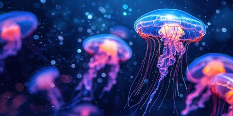 A deep-sea world where glowing jellyfish and luminescent fish illuminate the dark ocean depths