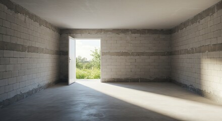 Empty Garage With Concrete Floor, Open Door, Unfinished Walls And White Ceilin