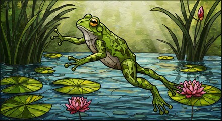 Leaping Frog in a Lily Pond Stained Glass Illustration