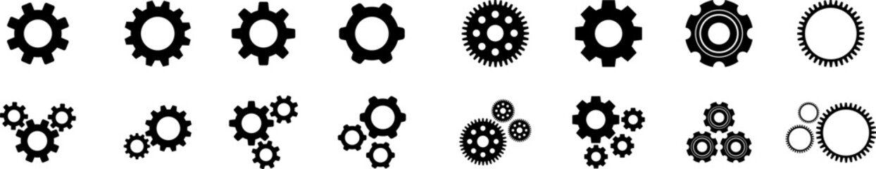 Gear icon set. Cogwheel. Setting gears icon. Black gear wheel icon on white background.