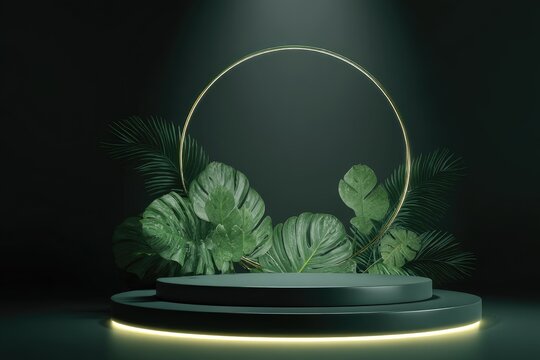 Dark green, two-tiered circular platform with illuminated base, encircled by a gold ring and lush tropical foliage against a moody backdrop