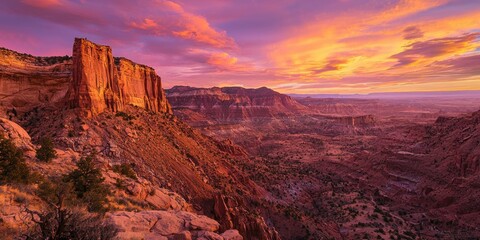 Naklejka premium A desert canyon bathed in golden light, with a vibrant pink and orange sky above