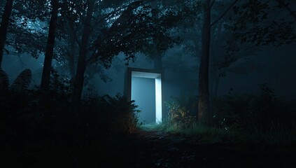 Glowing rectangular portal embedded in a dark, misty forest path
