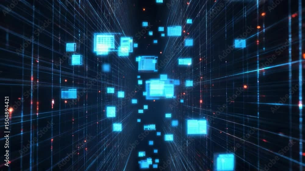 Poster digital universe: an eye-level view into a futuristic, luminous network of digital data points, depi