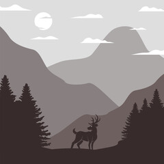 Deer Silhouette Forest Landscape Flat Illustration