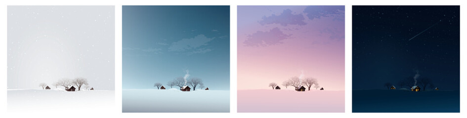 Set of minimalist countryside snowscape with small town and leafless trees at different times of the day graphic illustration.