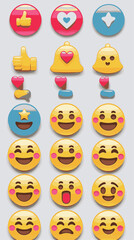 modern flat-style vector icon set featuring social media interaction elements and expressive emoji faces_traced