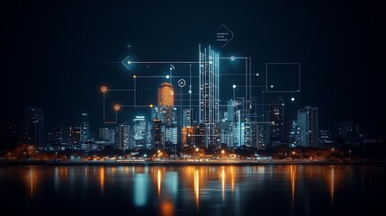 Fototapeta premium Futuristic city skyline at night, interconnected by digital network