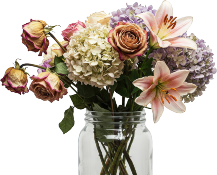 Dried Fresh Flower Bouquet in Glass Jar Roses Lilies Hydrangeas Still Life Photography