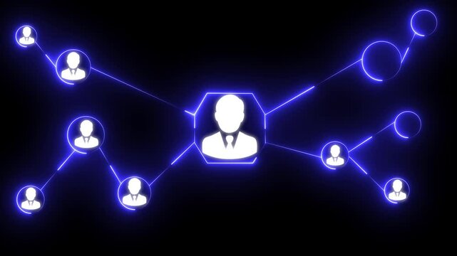 Animation of network of connections with icons and data processing over, Technology, Social network structure chain Internet and network system. Connected people avatars or icon.  - Powered by Adobe