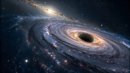 Artistic 3D visualization of a black hole with surrounding accretion disk, depicting the mysterious phenomena of deep space.