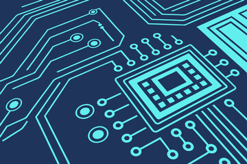 Blue tech circuit background with glowing digital lines and abstract network layout. Vector includes center space for modern banner design or tech product presentation.

