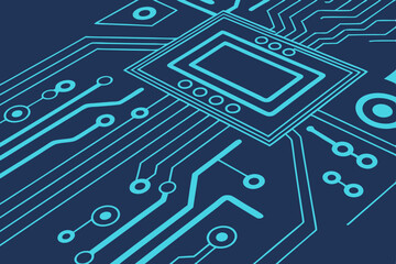 Circuit board digital vector in glowing blue with tech theme and central copy space. Ideal for marketing banners, product backgrounds, or startup promotions.

