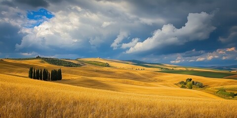 A dramatic landscape of golden wheat fields and soft rolling hills under moody clouds