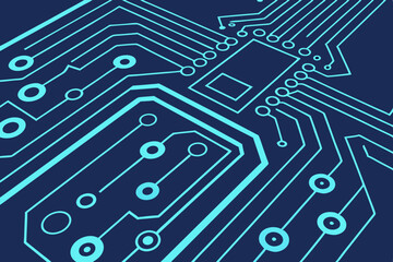 Tech blue circuit board design in abstract vector format. Glowing digital background with copy space centered for content, promotions, or banners.

