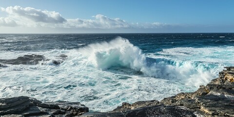 Obraz premium A dramatic seascape with white foamy waves crashing against the shore