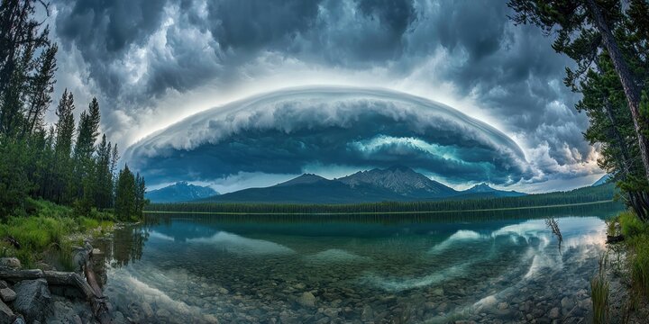 A dramatic storm front rolling over a vast, still lake, creating an otherworldly effect